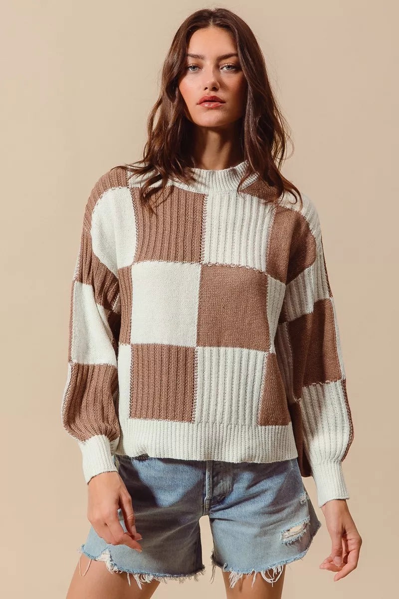 COFFEE IVORY Ribbed Color Block Checkered Plaid Sweater | Trendy Outfit Idea for Women by Ro + Ivy | Elevated Basics, Modern Comfort & Style