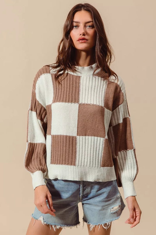 Ribbed Color Block Checkered Plaid Sweater - COFFEE IVORY Sweaters