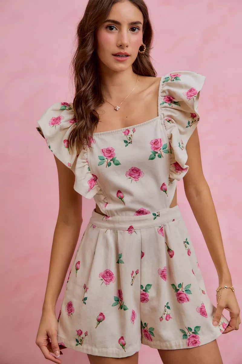 Floral Print Denim Cut-Out Waist Ruffled Romper — Playful Feminine Casual Sunny Style - Rompers
