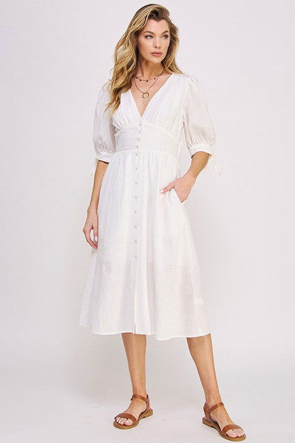 3/4 Puff Sleeve Textured V-Neck Button Down Midi Dress – OFF WHITE outfit idea for women | Ro + Ivy
