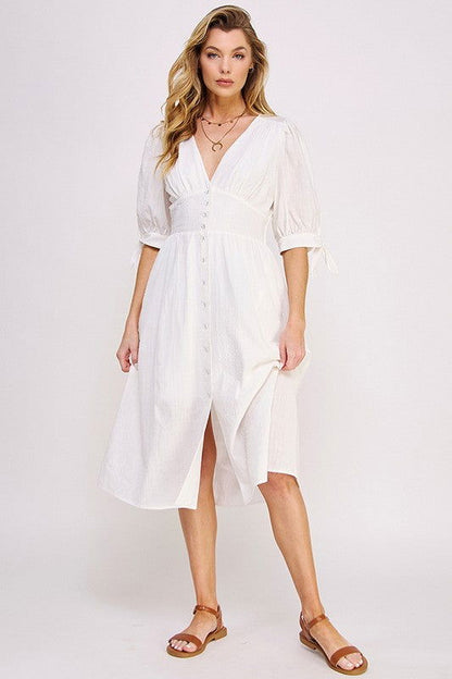 3/4 Puff Sleeve Textured V-Neck Button Down Midi Dress – outfit idea for women | Ro + Ivy