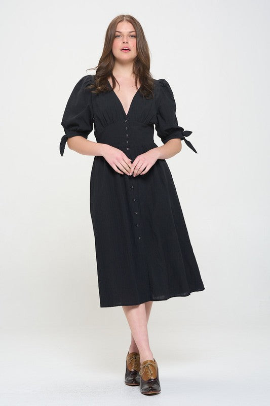 3/4 Puff Sleeve Textured V-Neck Button Down Midi Dress – BLACK outfit idea for women | Ro + Ivy