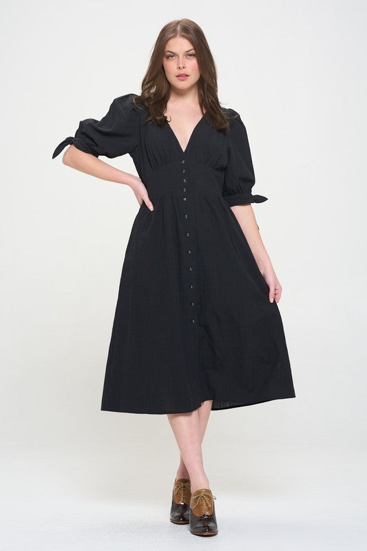 3/4 Puff Sleeve Textured V-Neck Button Down Midi Dress – outfit idea for women | Ro + Ivy