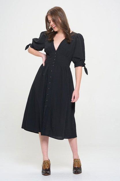 3/4 Puff Sleeve Textured V-Neck Button Down Midi Dress – outfit idea for women | Ro + Ivy