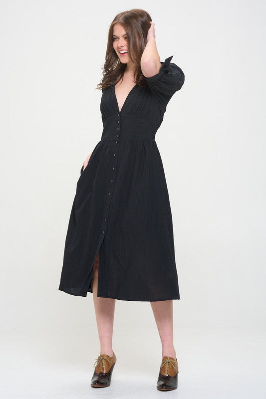 3/4 Puff Sleeve Textured V-Neck Button Down Midi Dress – outfit idea for women | Ro + Ivy