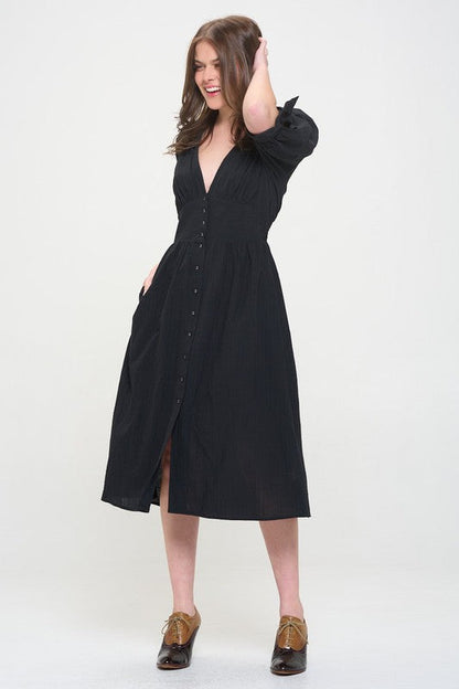 3/4 Puff Sleeve Textured V-Neck Button Down Midi Dress – outfit idea for women | Ro + Ivy