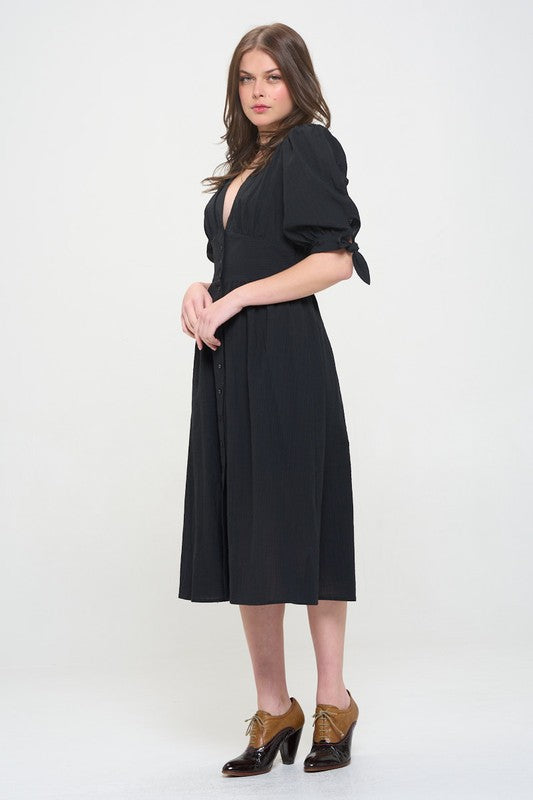 3/4 Puff Sleeve Textured V-Neck Button Down Midi Dress – outfit idea for women | Ro + Ivy