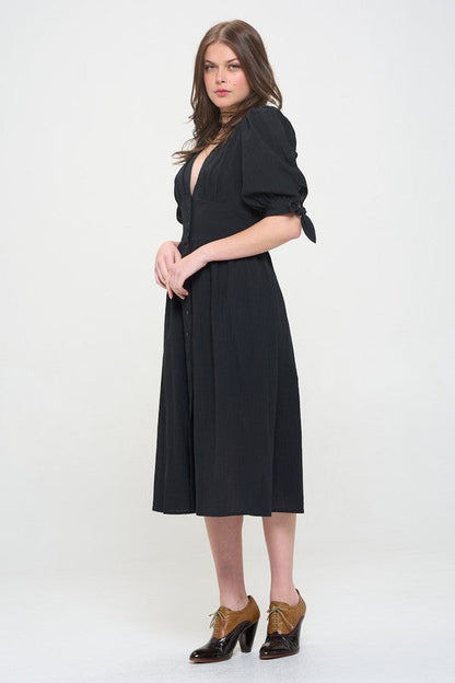 3/4 Puff Sleeve Textured V-Neck Button Down Midi Dress – outfit idea for women | Ro + Ivy