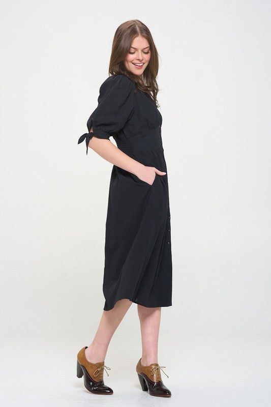3/4 Puff Sleeve Textured V-Neck Button Down Midi Dress – outfit idea for women | Ro + Ivy
