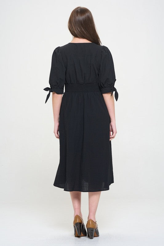 3/4 Puff Sleeve Textured V-Neck Button Down Midi Dress – outfit idea for women | Ro + Ivy