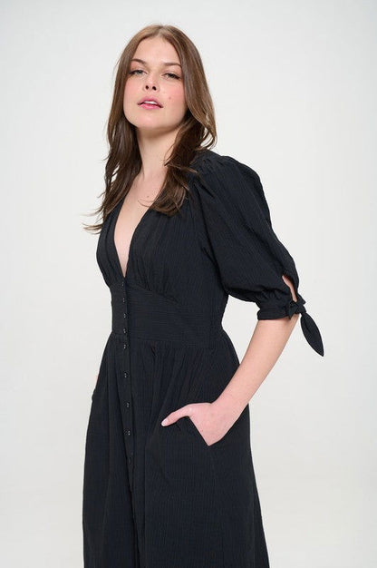 3/4 Puff Sleeve Textured V-Neck Button Down Midi Dress – outfit idea for women | Ro + Ivy