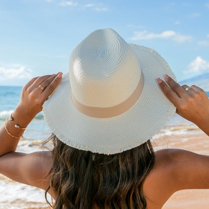 Fray Edge Ribbon Accent Panama Hat - Straw Straw Sunhat