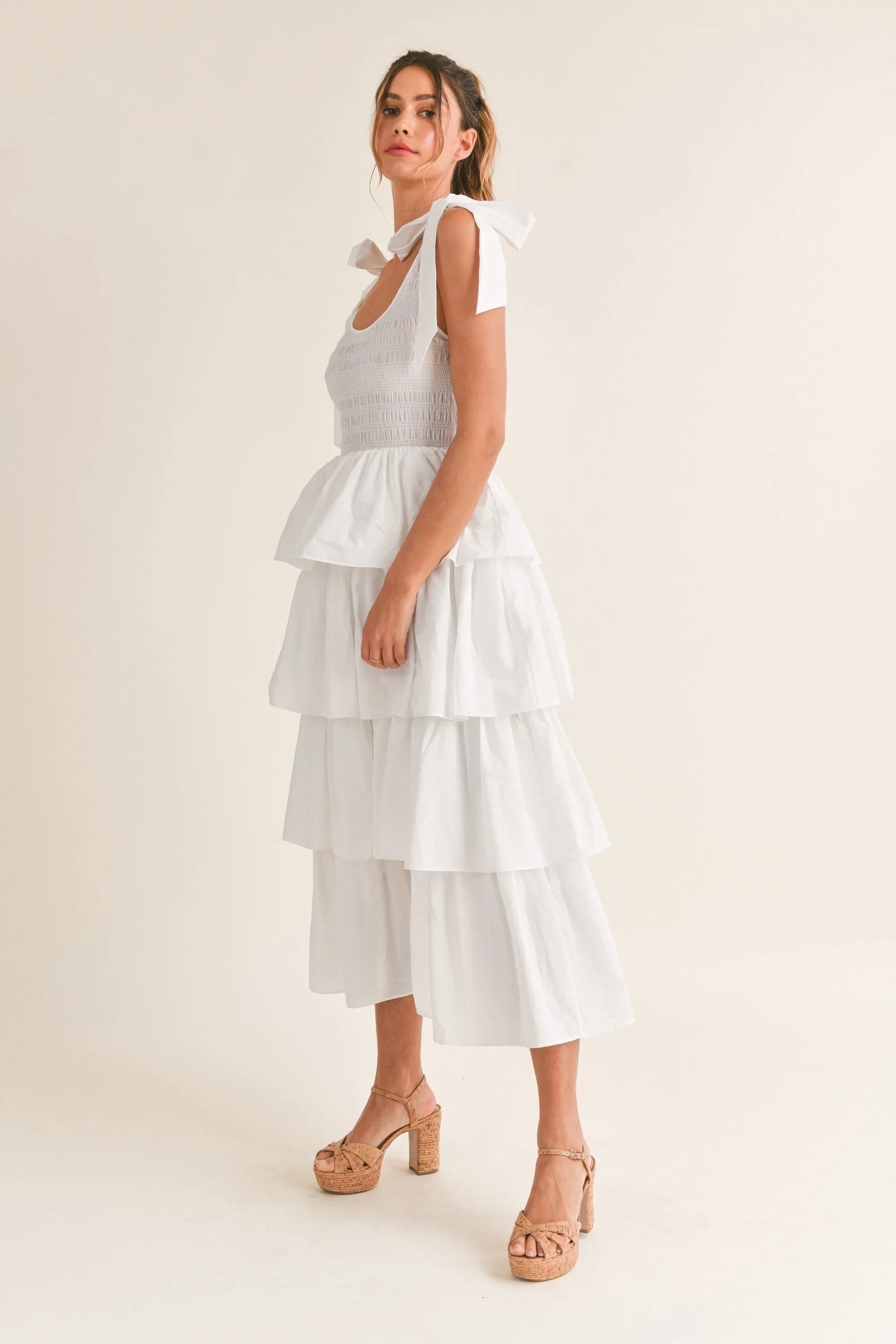 Cotton Poplin Smocked Bodice Ruffle Tier Self-Tie Shoulder Strap Midi Dress — 100% Cotton Feminine Style - Mini Dresses