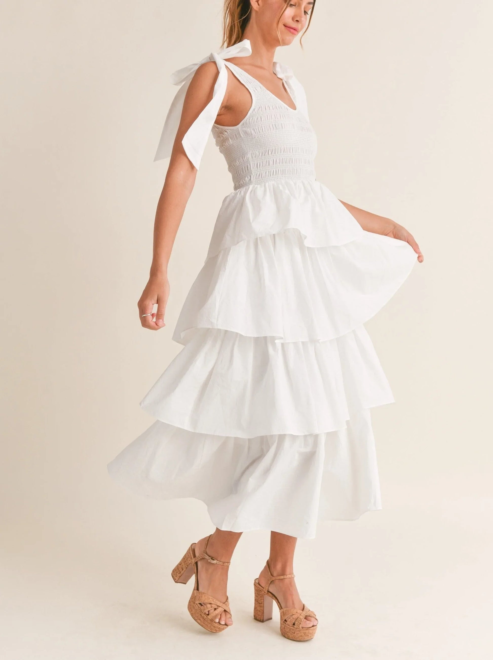 Cotton Poplin Smocked Bodice Ruffle Tier Self-Tie Shoulder Strap Midi Dress — 100% Cotton Feminine Style - Mini Dresses