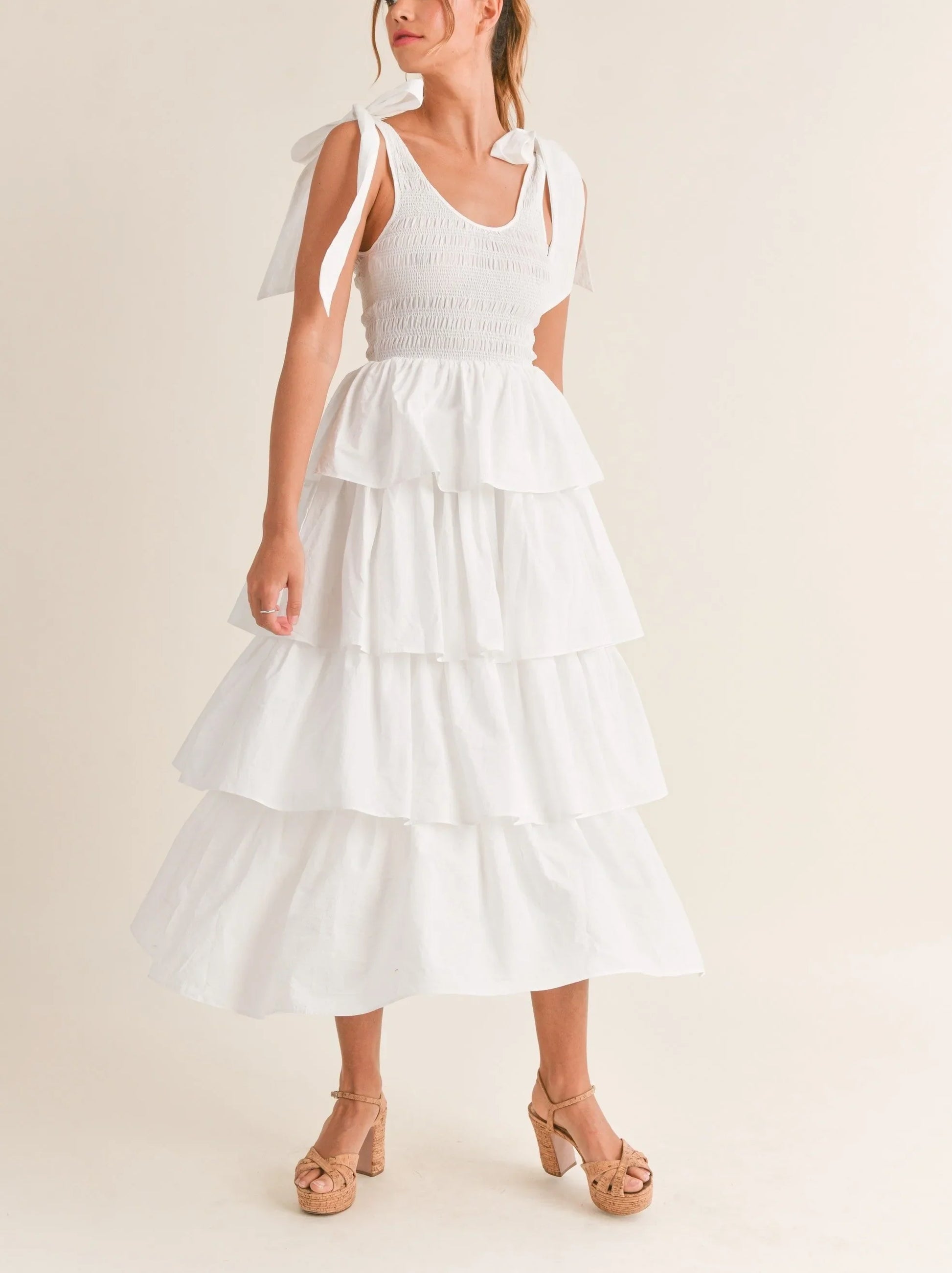 Cotton Poplin Smocked Bodice Ruffle Tier Self-Tie Shoulder Strap Midi Dress — 100% Cotton Feminine Style - Off White Mini Dresses