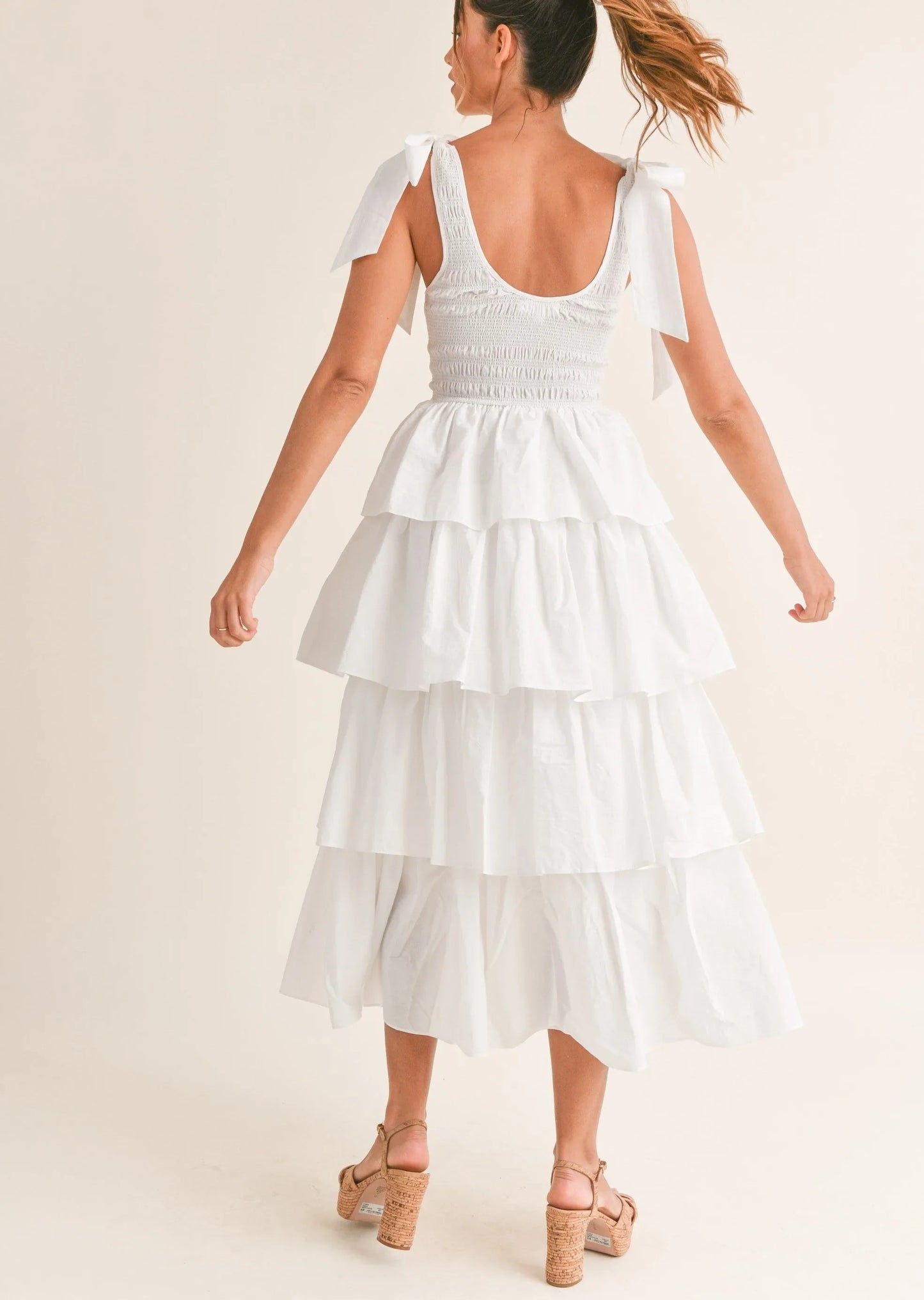 Cotton Poplin Smocked Bodice Ruffle Tier Self-Tie Shoulder Strap Midi Dress — 100% Cotton Feminine Style - Mini Dresses