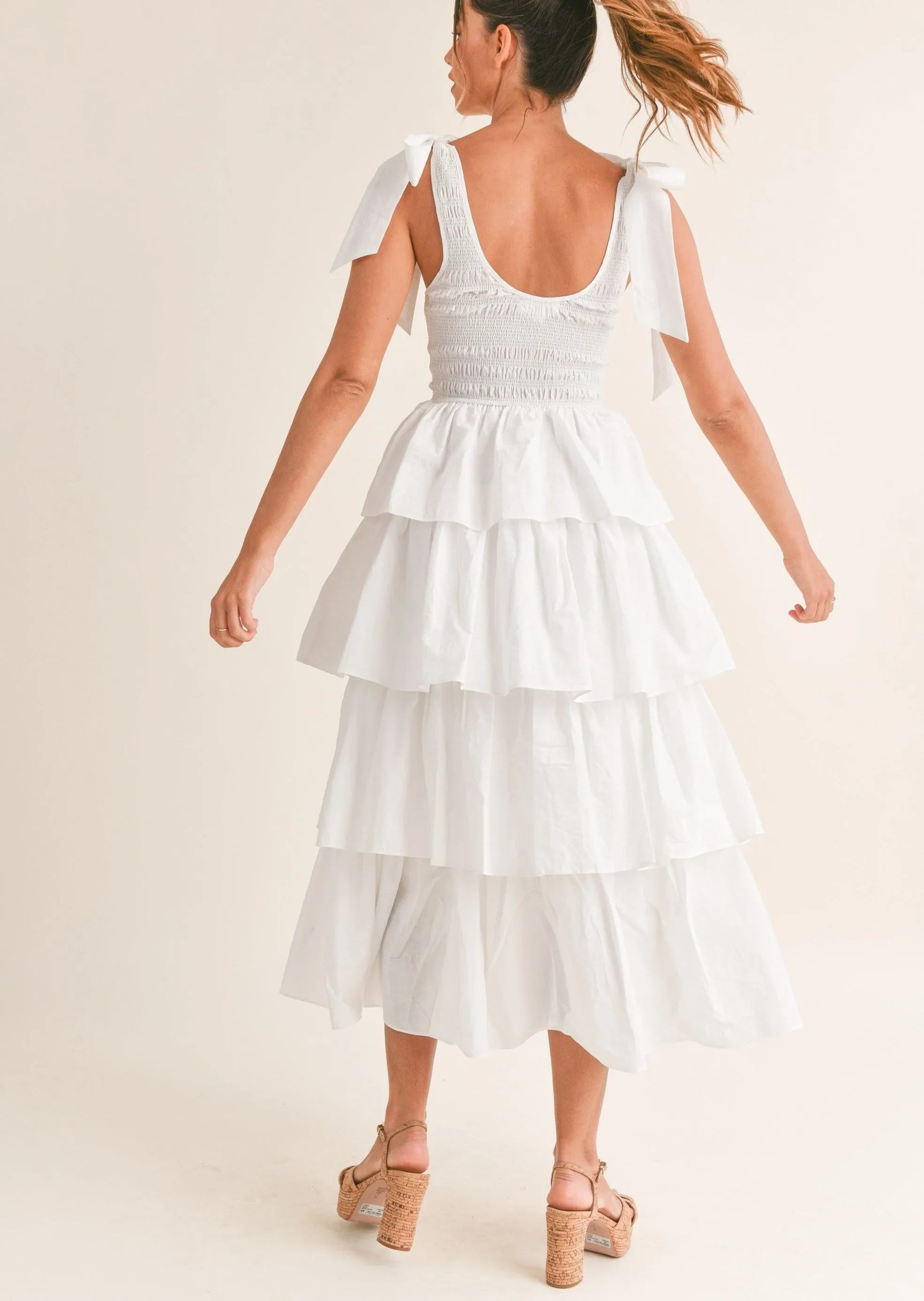 Cotton Poplin Smocked Bodice Ruffle Tier Self-Tie Shoulder Strap Midi Dress — 100% Cotton Feminine Style - Mini Dresses