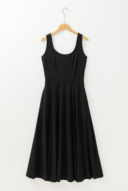 Solid Scoop Neck Sleeveless Flared Side Slit Midi Dress — Versatile Feminine Everyday Style - Dresses/Midi Dresses