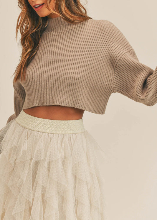 Basic Ribbed Mock Neck Cropped Long Sleeve Sweater — Soft Cozy Minimalist Everyday Style Mocha