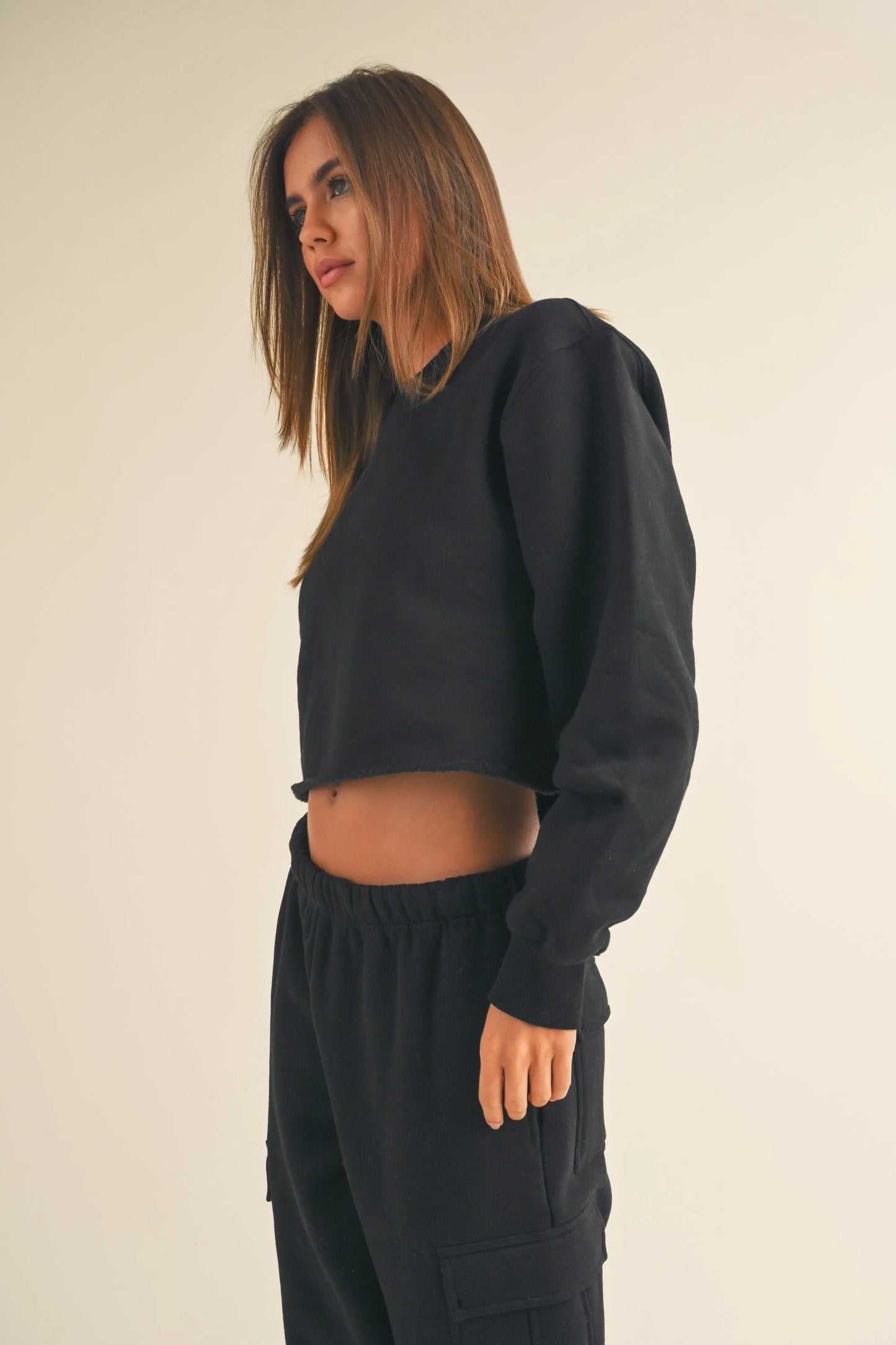 Fleece Raw Edge Crop Sweatshirt - Sweatshirts