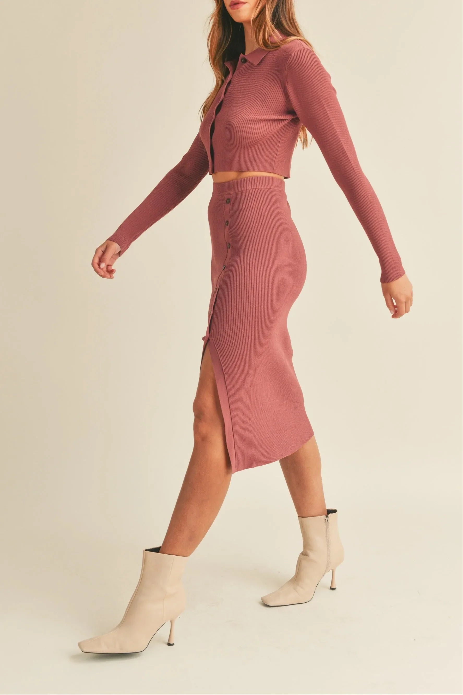 Ribbed Knit Collared Button-Down Crop Top & Midi Skirt Set — Cozy Chic Two-Piece Style - Outfit Sets