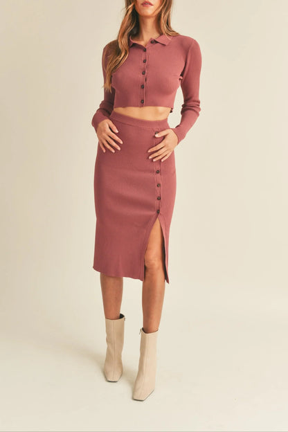 Ribbed Knit Collared Button-Down Crop Top & Midi Skirt Set — Cozy Chic Two-Piece Style - Outfit Sets