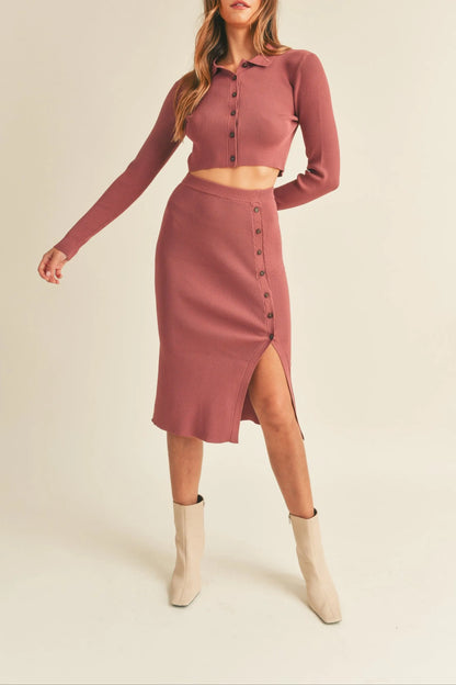 Ribbed Knit Collared Button-Down Crop Top & Midi Skirt Set — Cozy Chic Two-Piece Style - Outfit Sets