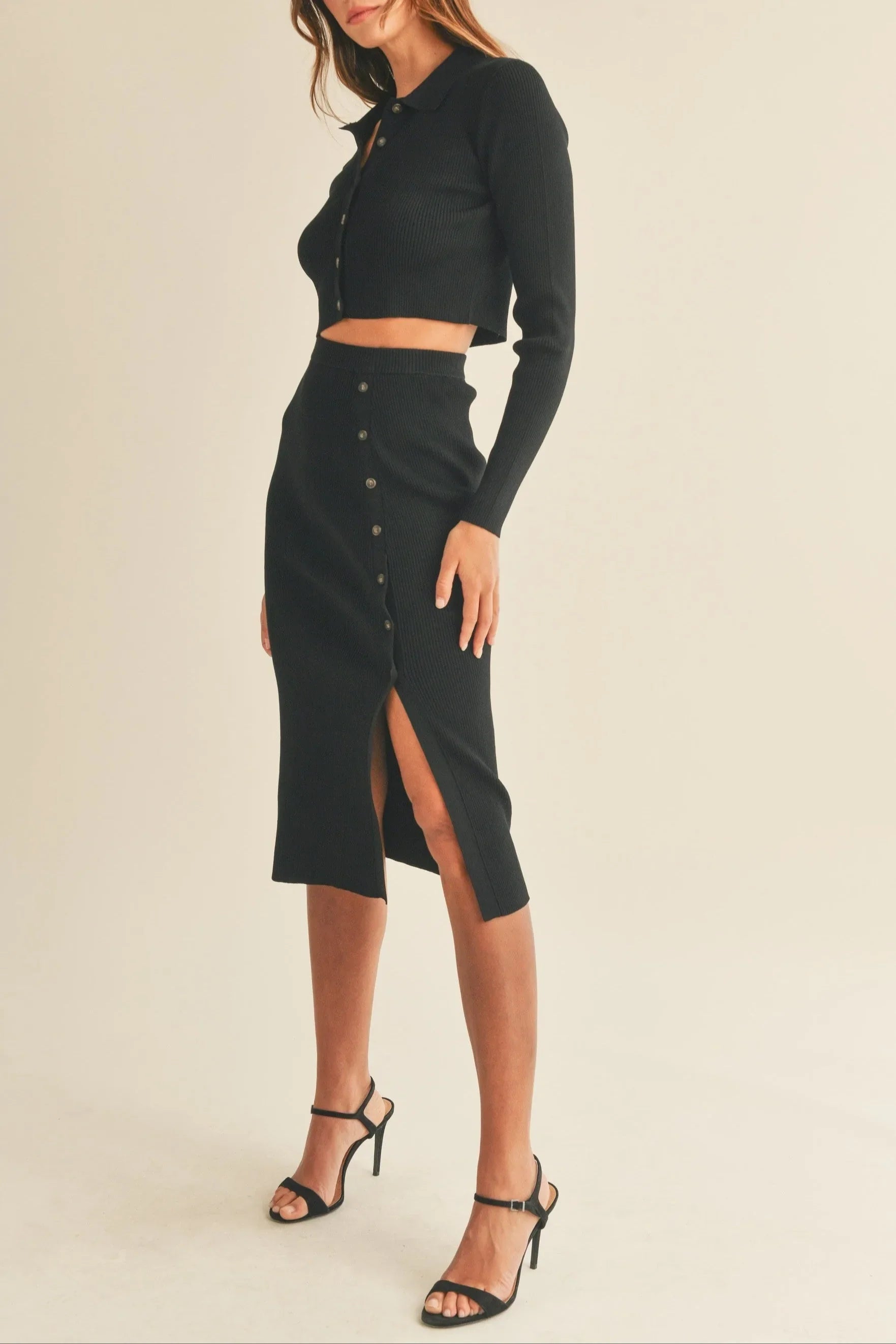 Ribbed Knit Collared Button-Down Crop Top & Midi Skirt Set — Cozy Chic Two-Piece Style - Outfit Sets
