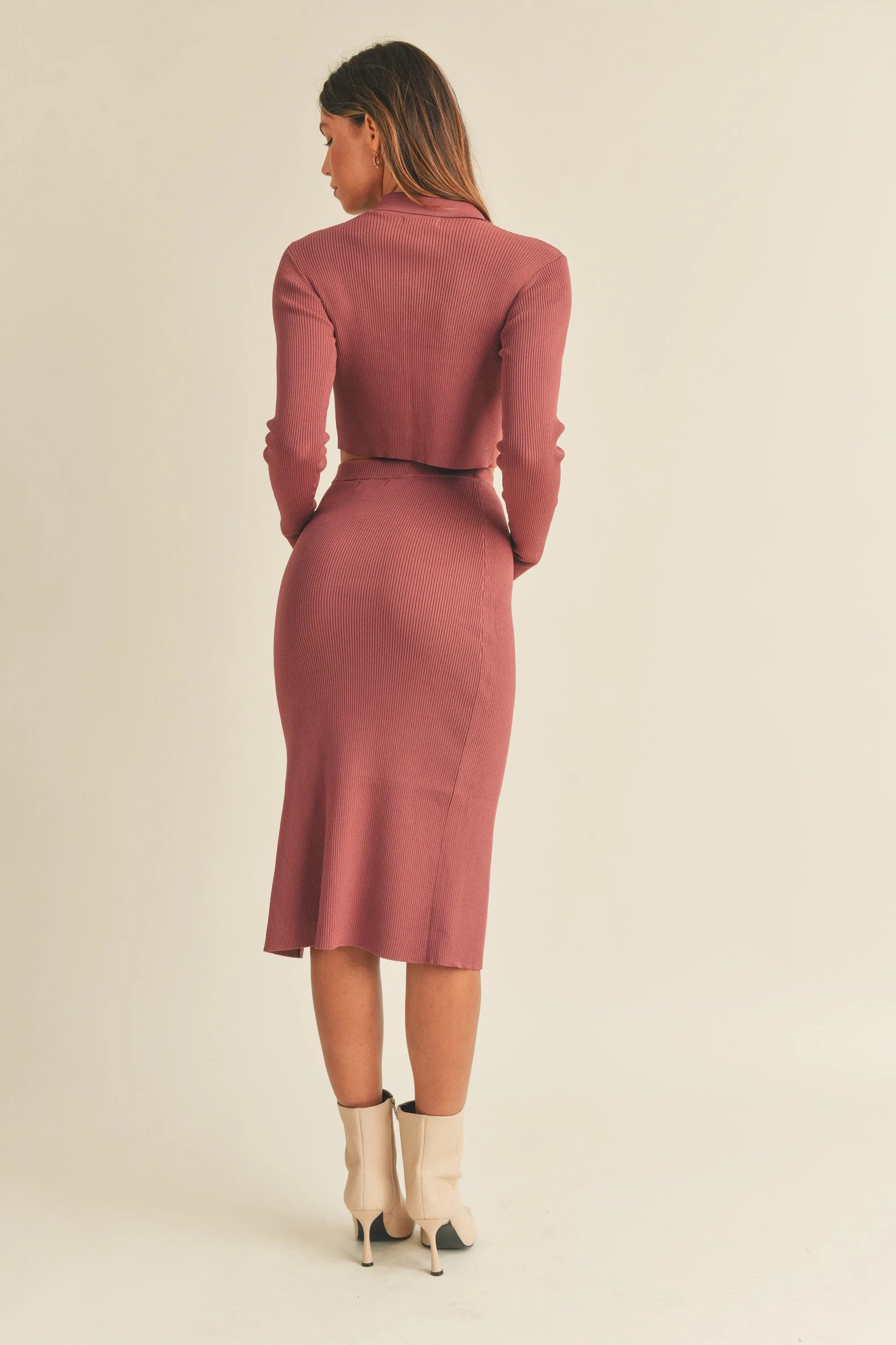 Ribbed Knit Collared Button-Down Crop Top & Midi Skirt Set — Cozy Chic Two-Piece Style - Outfit Sets