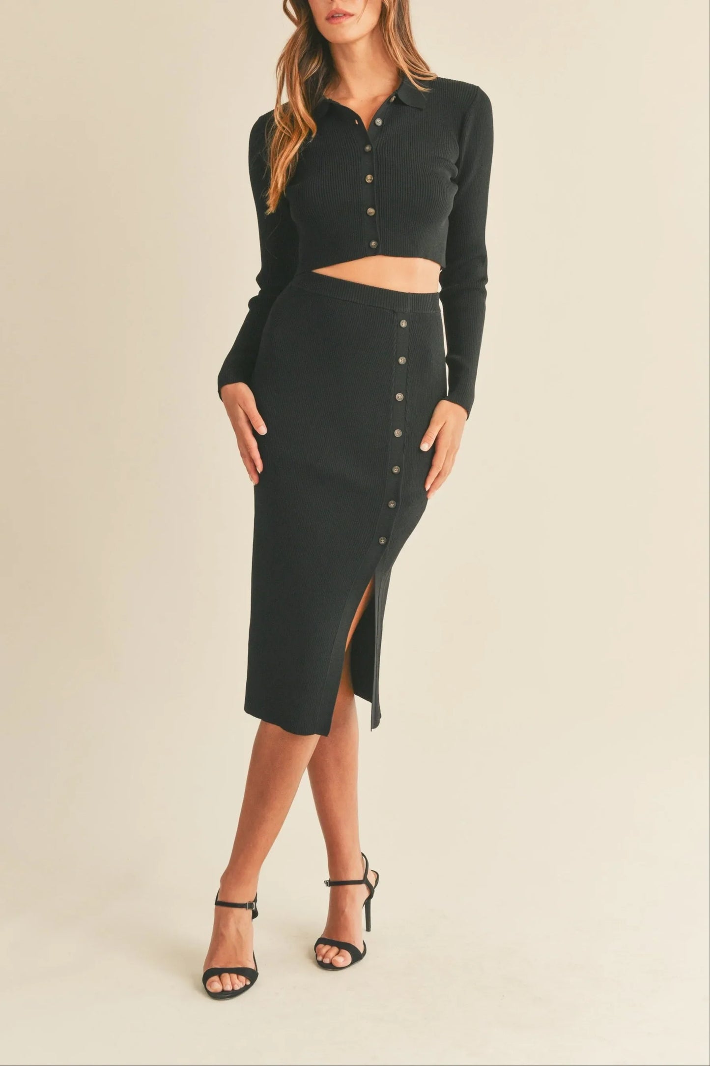 Ribbed Knit Collared Button-Down Crop Top & Midi Skirt Set — Cozy Chic Two-Piece Style - Black Outfit Sets