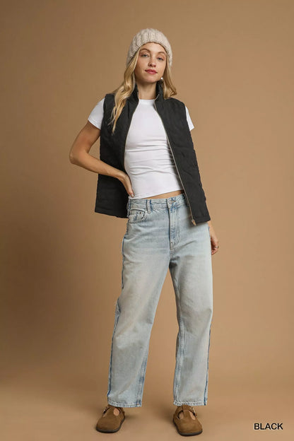 Quilted Floral Zip Up Embroidered Sleeveless Vest With Pockets | Trendy Vests Outfit Idea for Women by Ro + Ivy | Elevated Basics, Modern Comfort & Style