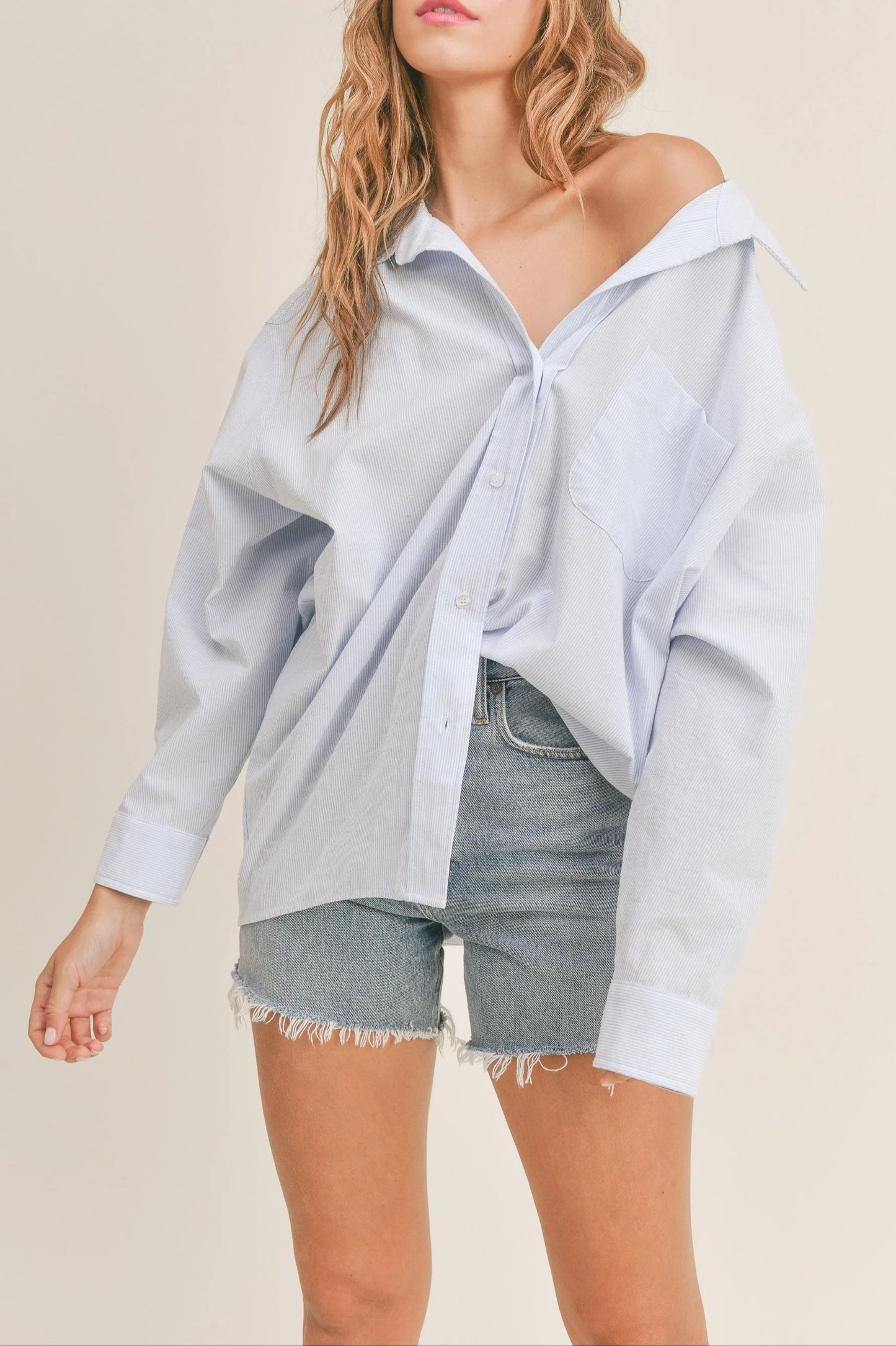 Oversized Stripe Button Down Shirt - Blue Shirts & Tops