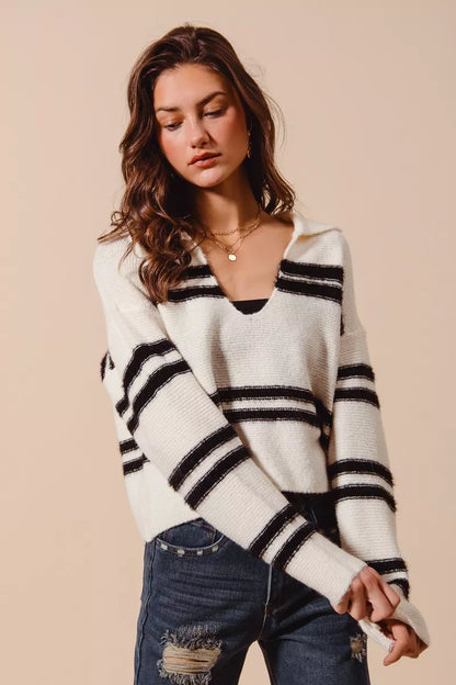 IVORY BLACK Striped Fuzzy Deep U Neck Long Sleeve Sweater | Trendy Sweaters Outfit Idea for Women by Ro + Ivy | Elevated Basics, Modern Comfort & Style