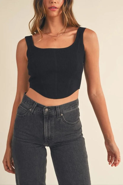 Square Neckline Sleeveless Knit Bustier Crop Tank Top — Style Comfort Blend Everyday Style - Black Crop Tops