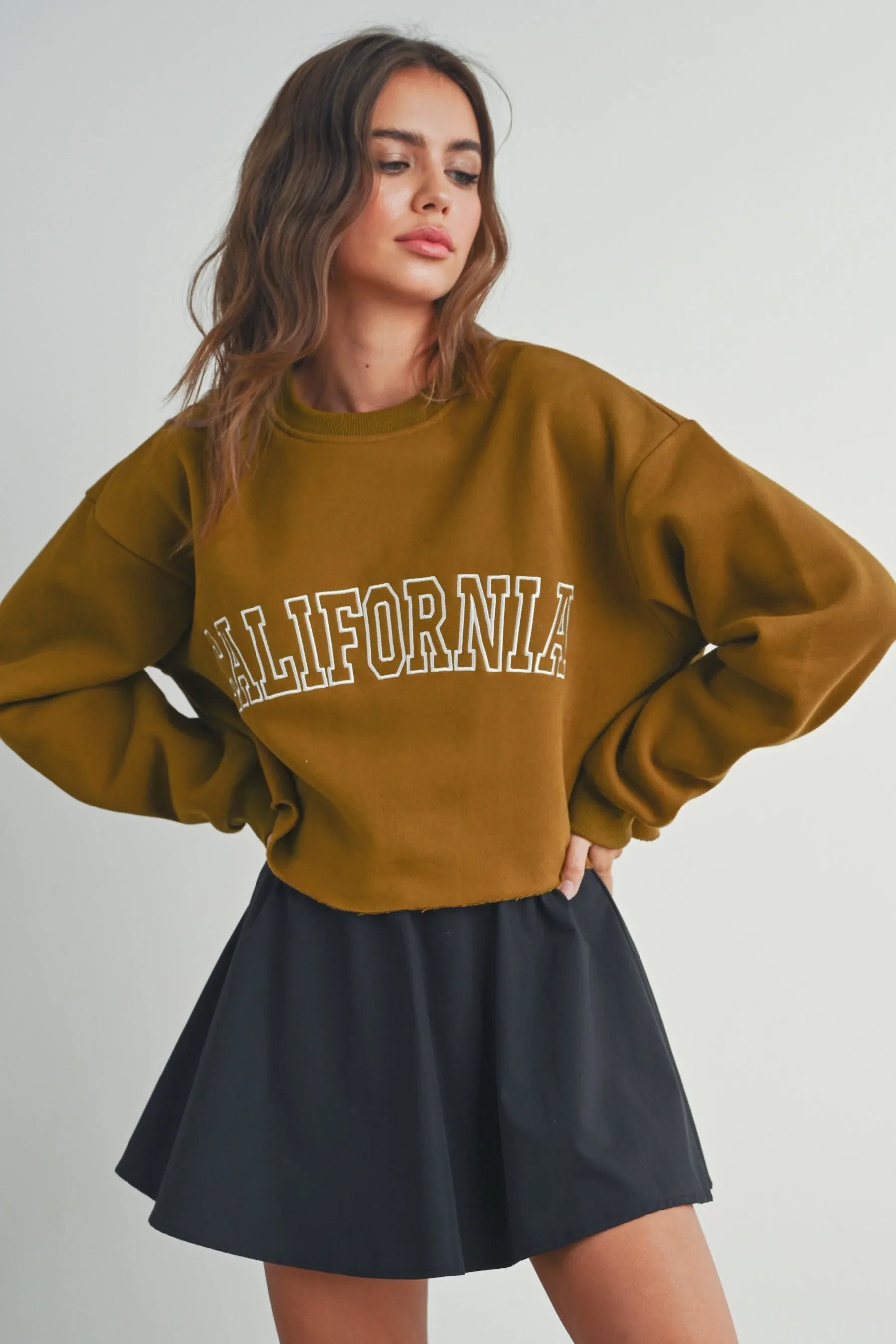 Fleece Cropped Sweatshirt - Olive Shirts & Tops