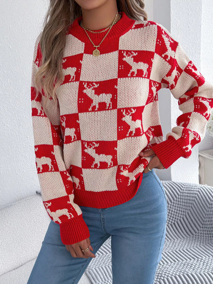 Reindeer Checkerboard Pattern Pullover Sweater Red