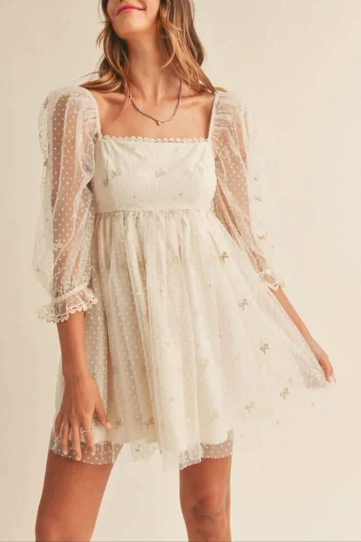 Swiss Dot Mesh Sleeve Dress - Cream Dresses
