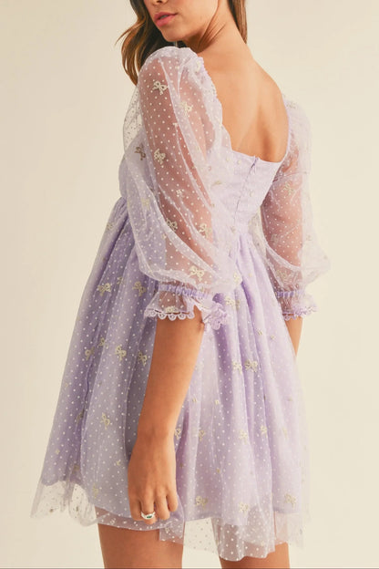 Swiss Dot Mesh Sleeve Dress - Dresses