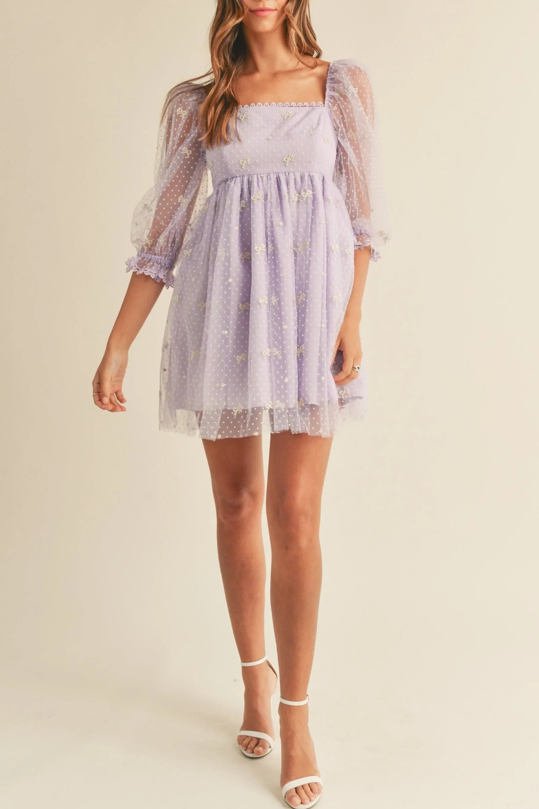 Swiss Dot Mesh Sleeve Dress - Dresses