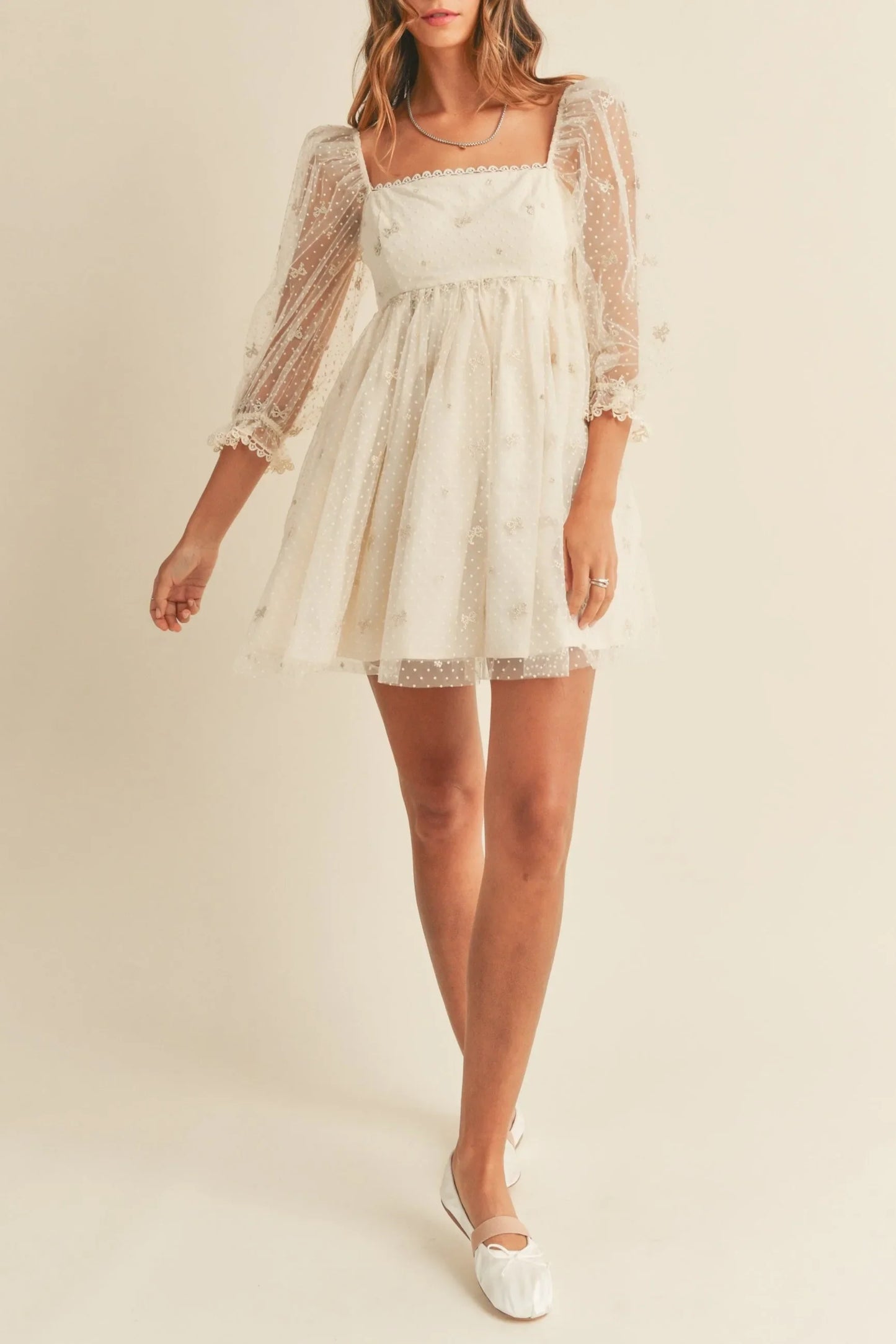 Swiss Dot Mesh Sleeve Dress - Dresses