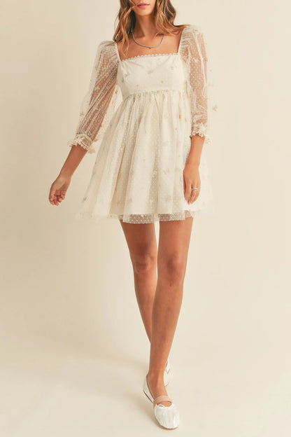 Swiss Dot Mesh Sleeve Dress - Dresses