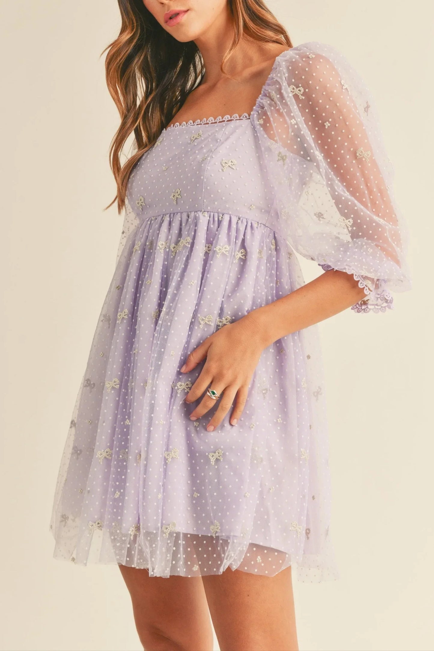 Swiss Dot Mesh Sleeve Dress - Dresses