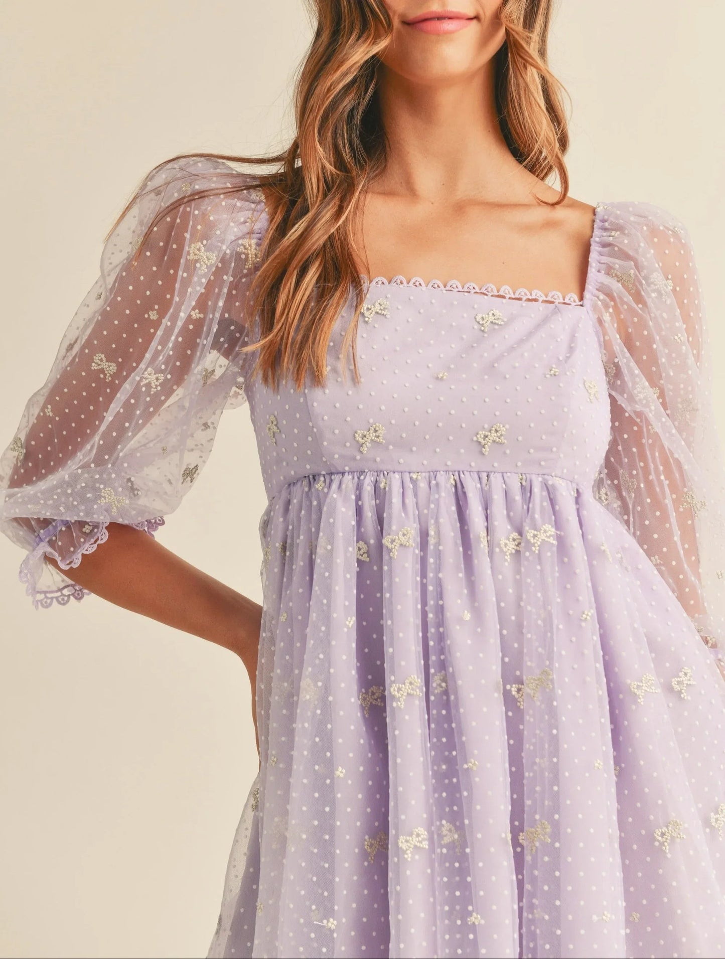 Swiss Dot Mesh Sleeve Dress - Dresses