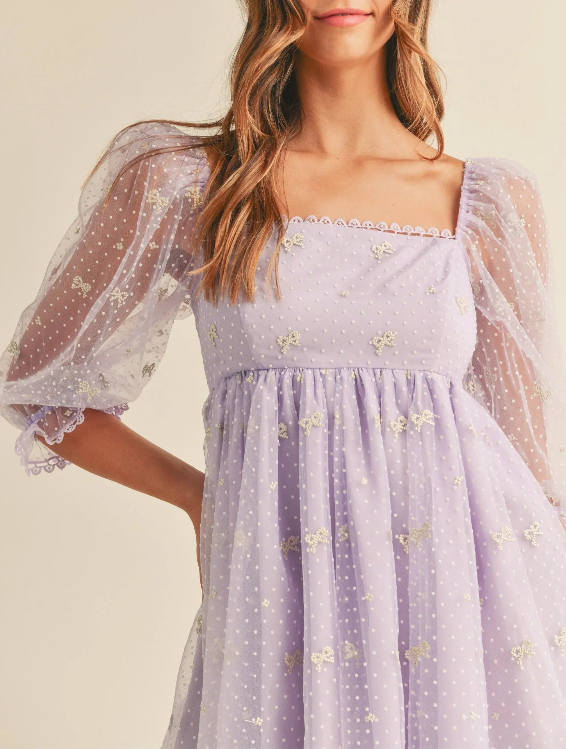 Swiss Dot Mesh Sleeve Dress - Dresses
