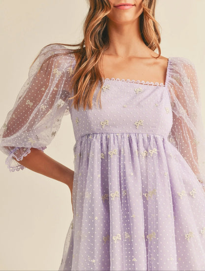 Swiss Dot Mesh Sleeve Dress - Dresses