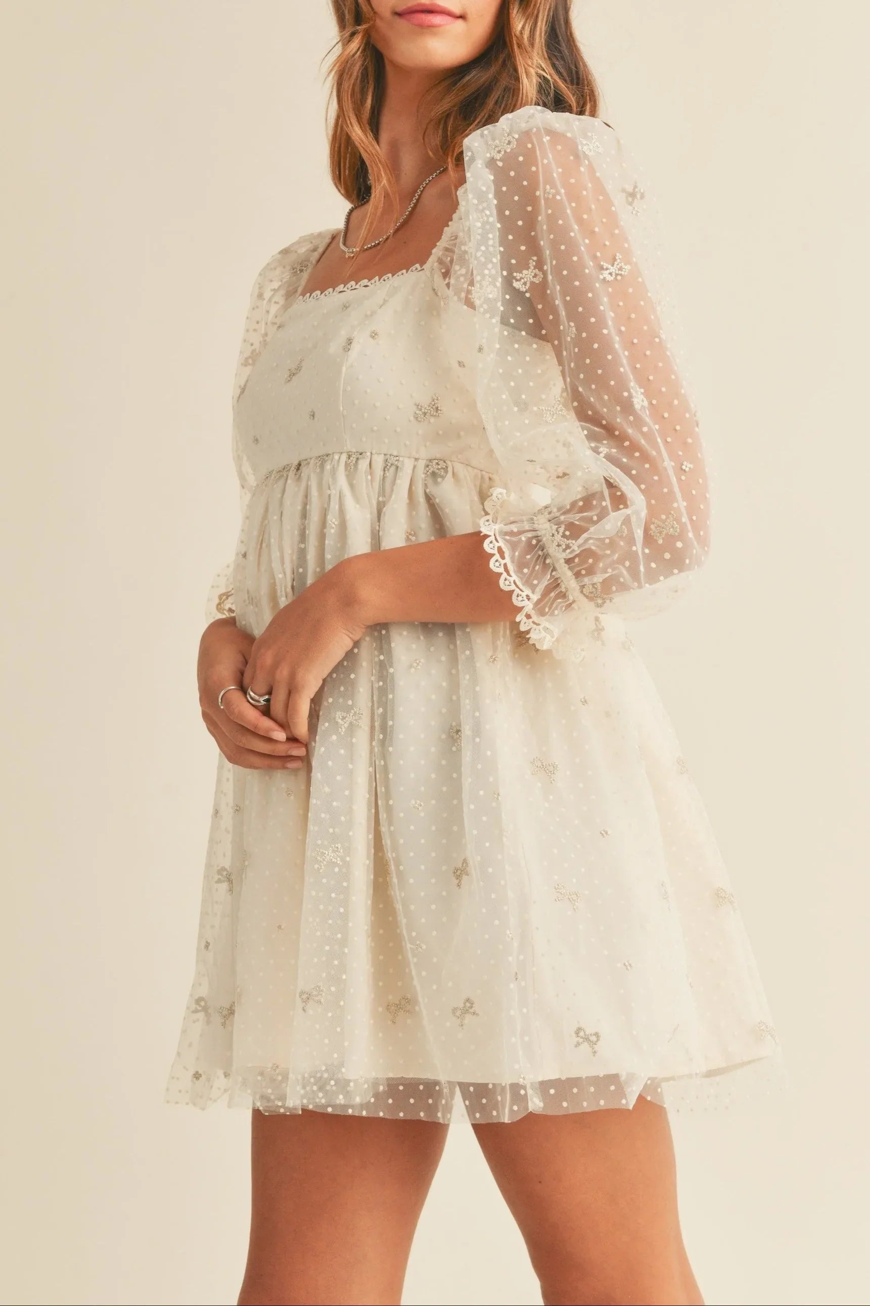 Swiss Dot Mesh Sleeve Dress - Dresses