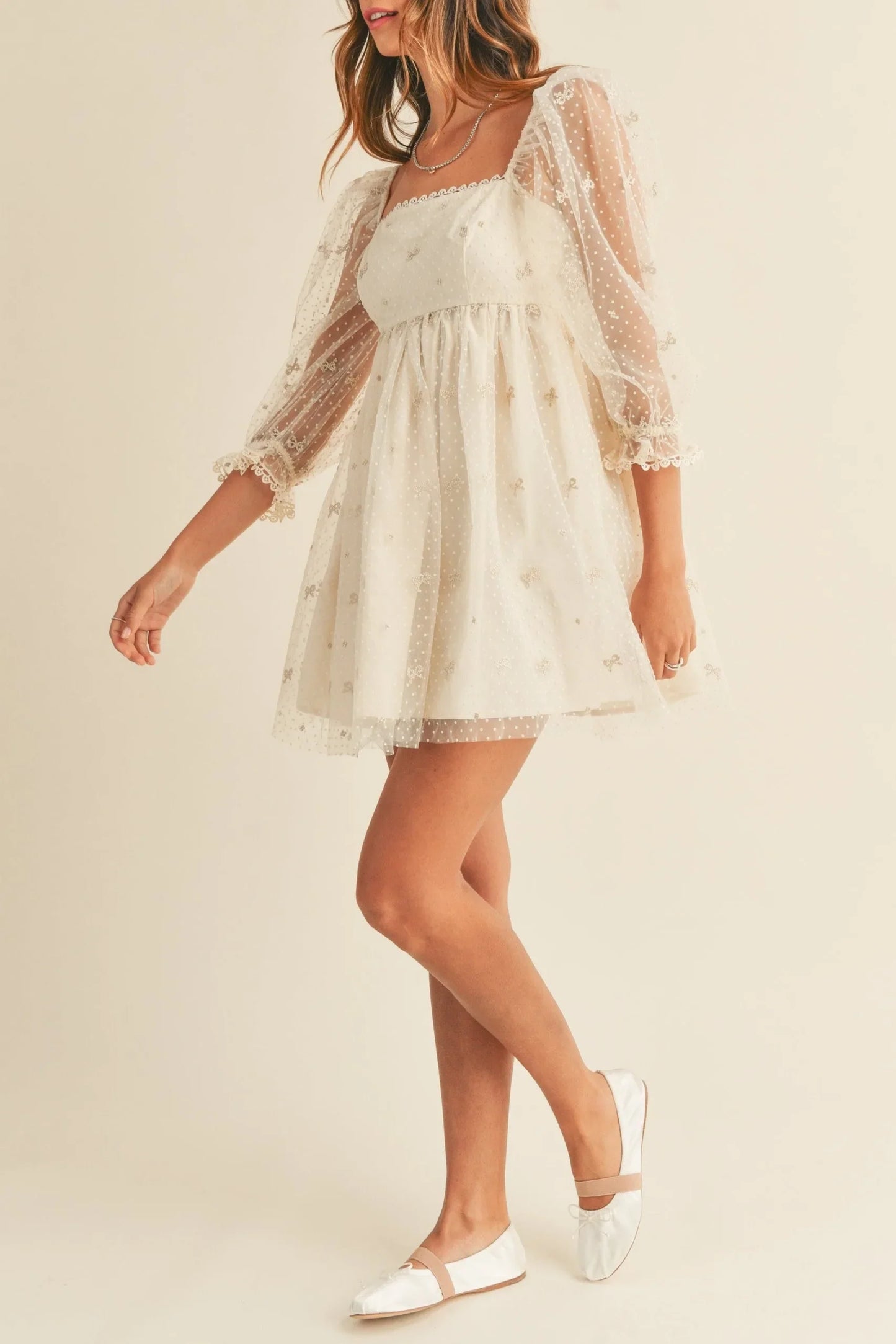 Swiss Dot Mesh Sleeve Dress - Dresses