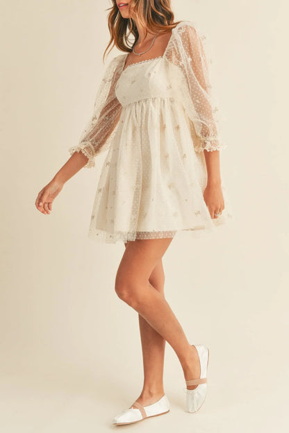 Swiss Dot Mesh Sleeve Dress - Dresses