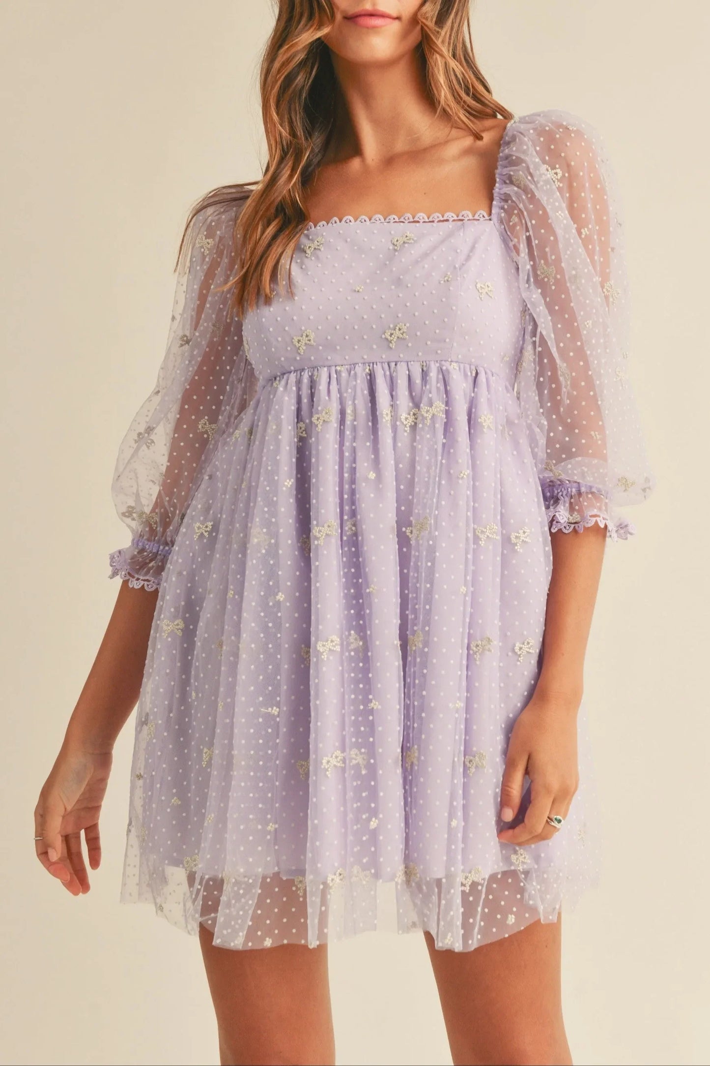 Swiss Dot Mesh Sleeve Dress - Lavender Dresses