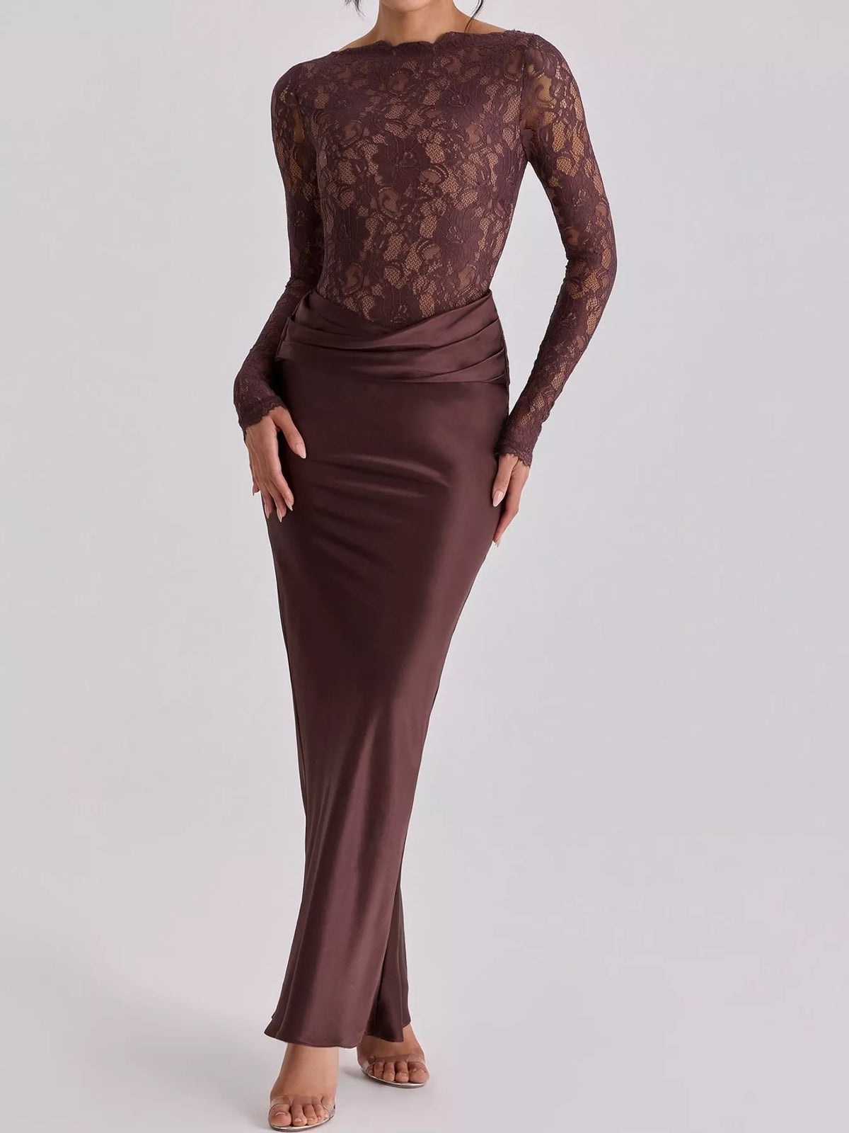 Long-Sleeve Bodycon Maxi Dress with Sheer Lace, Satin Patchwork and Ruched Details